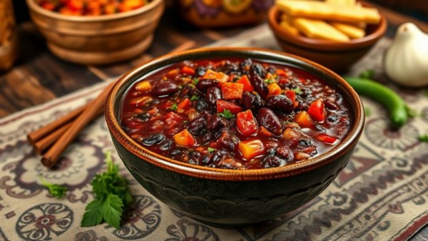 Original Café Beaujolais Black Bean Chili with spices on table.