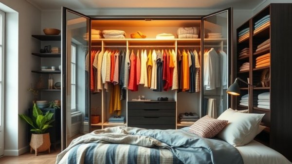 Neatly organized closet with colorful clothes in cozy bedroom.