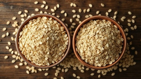 Varied oats in bowls showcasing health benefits of oats on wooden table.