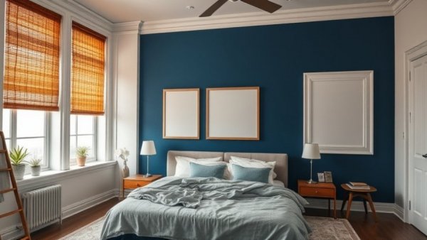 Modern bedroom setup with frames above future headboard, blue wall and shades.