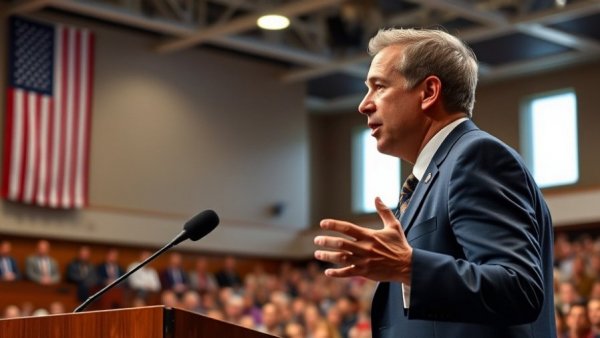 Speaker at California State of the State speech, delivering speech confidently.