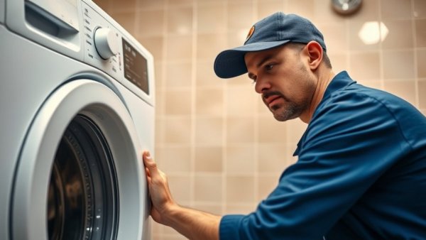 Technician inspecting washing machine with tools on belt.