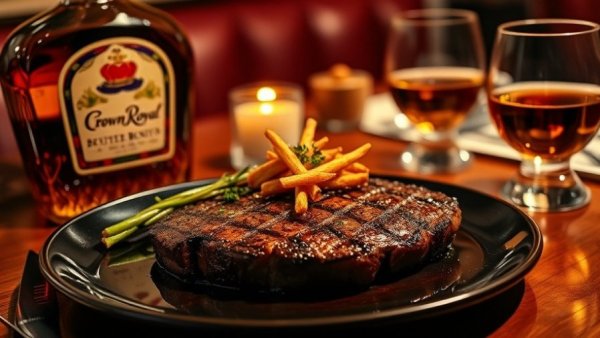 Gourmet steak dish with Crown Royal bottle in San Diego culinary scene.