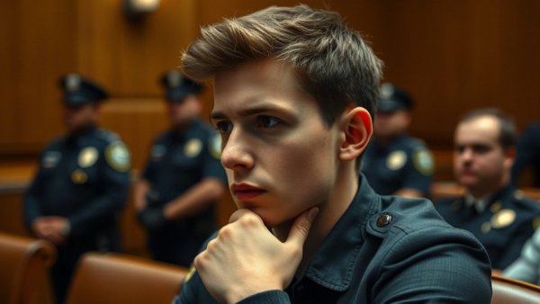 Serious young man in courtroom setting related to Luigi Mangione death penalty case.