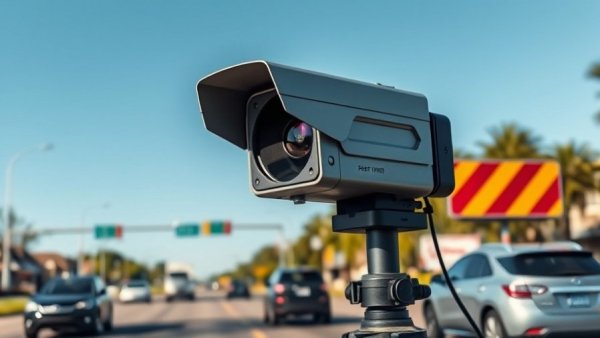 Mobile speed camera monitoring traffic in work zone under blue sky.