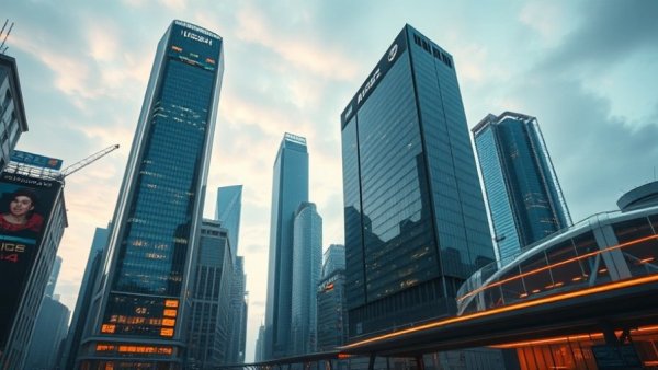 Futuristic cityscape with AI technology in real estate, vibrant neon.