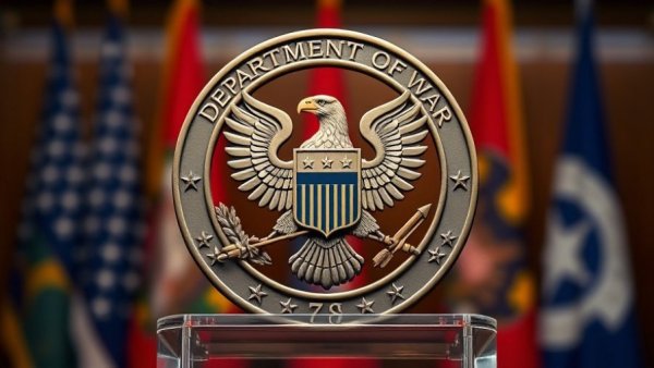 U.S. Department of War emblem on podium, official setting.