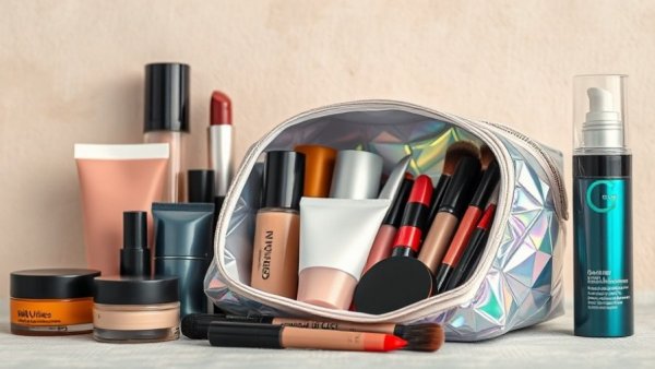 Assorted beauty products in holographic bag showcasing beauty habits 2025.