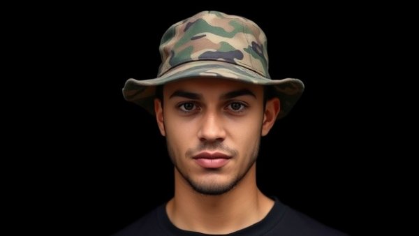 Young man in camo hat confidently posing, black background.