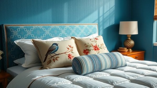 New Bedding and Reading Corner with patterned pillows and blue headboard.