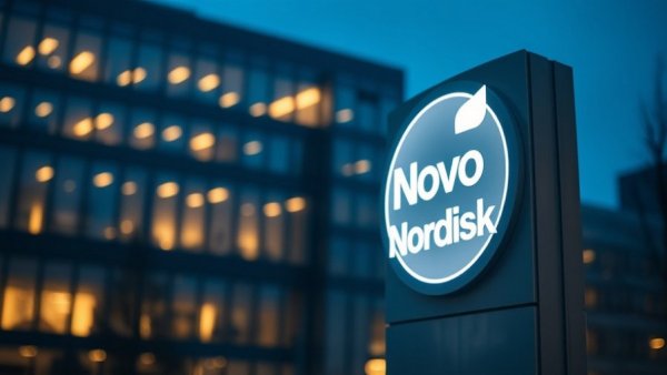 Novo Nordisk logo glowing, related to obesity pills GLP-1 market.