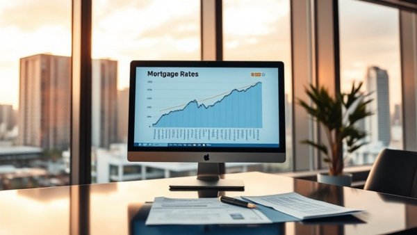 Modern office showing lower mortgage rates graph on screen, financial concept.