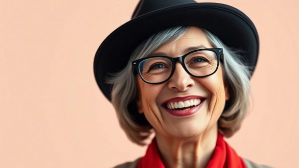 Mature woman smiling, wearing a hat, Diane Keaton Hudson Grace Collection.