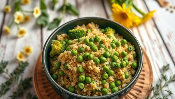 Crockpot Quinoa Chicken Primavera in a rustic bowl with fresh veggies.