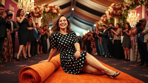 Joyful woman posing at a glamorous event for the Golden Globes 2026.