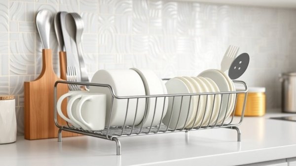 1% Rule for Home Organization: organized kitchen countertop with metal dish rack and various items.
