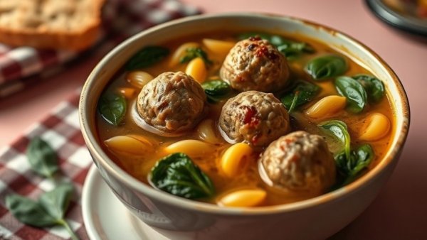 Delicious Italian Wedding Soup with meatballs, pasta, and vegetables.
