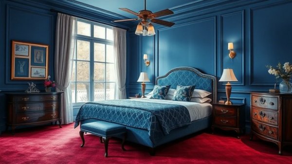 Luxurious bedroom with stylish fandelier and blue decor.