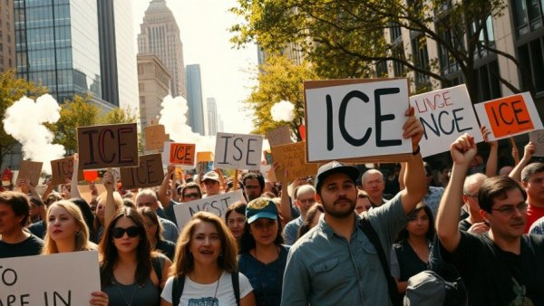 California ICE shooting protests scene with crowd holding signs.