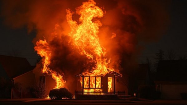 Wildfire consuming a house, highlighting California insurance laws for wildfire survivors.