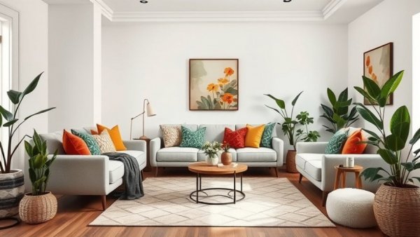 Harmonious color palette living room with plush seating and vibrant decor.
