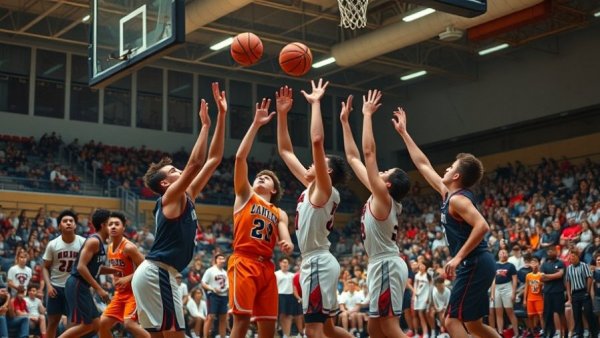 High school basketball players vying for ball in intense game in Orange County.