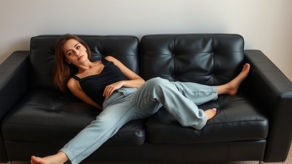 Elegant woman, calm expression, on black sofa, undetectable aesthetic treatments.