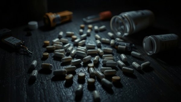 Somber scene of scattered pills related to meth addiction support North County San Diego.