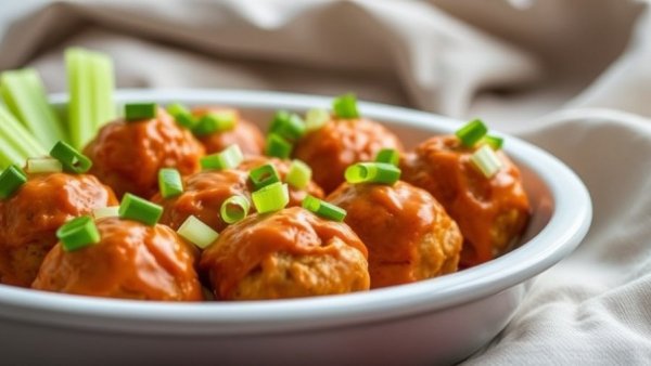 Buffalo chicken meatballs garnished with scallions and celery sticks.