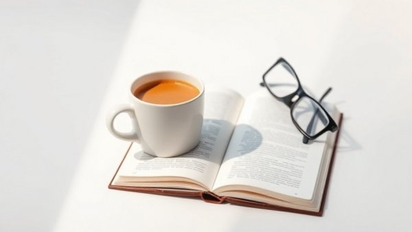Minimalist eBook cover with coffee and glasses.