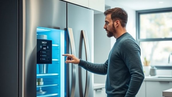 Smart home technology in a modern kitchen with a smart fridge.