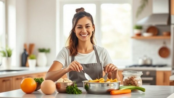 Woman preparing high-protein dinner in a bright kitchen.