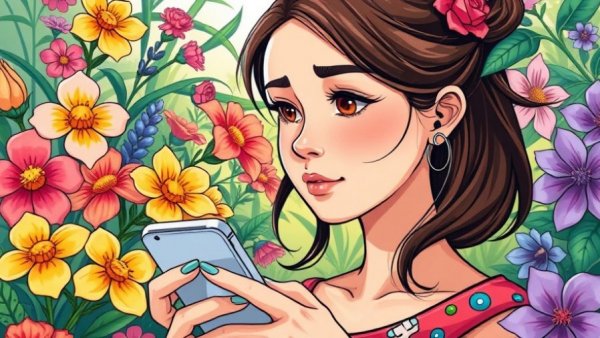 Cartoon of a young woman experiencing friendship anxiety among vibrant flowers.