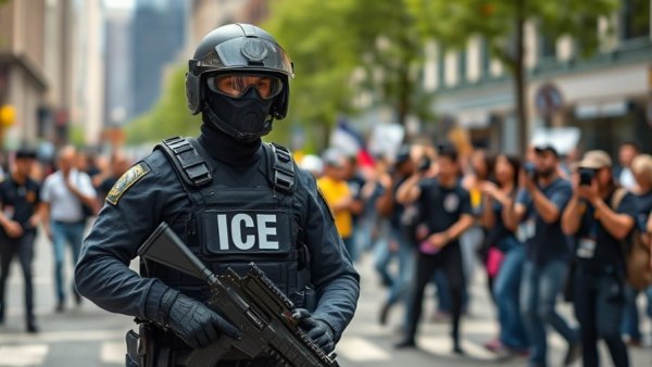 Armed ICE officer at protest, ICE-Free Zones related scene.