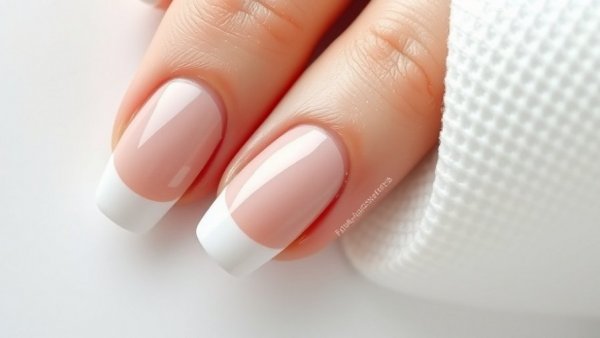Glossy cloudy French nails on a white surface.