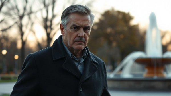 Middle-aged man walking outdoors in a park, fountain visible.
