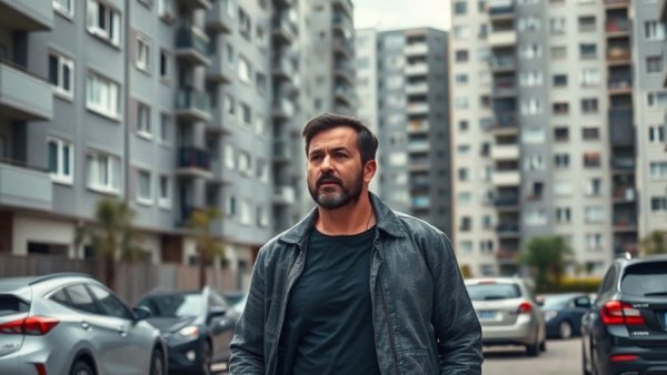 Man walks past apartment buildings under clear sky.