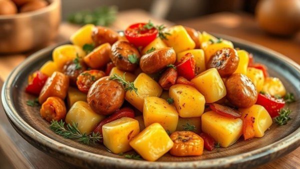Sheet pan gnocchi with spicy sausage and roasted veggies on a plate.