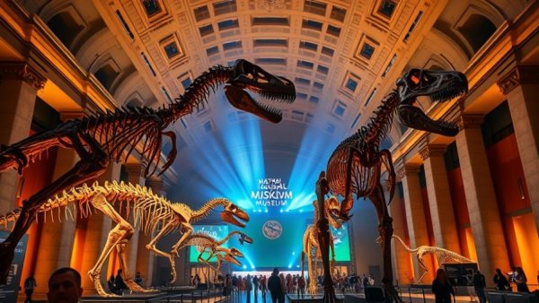 Natural History Museum First Fridays 2026 with illuminated dinosaur skeletons.