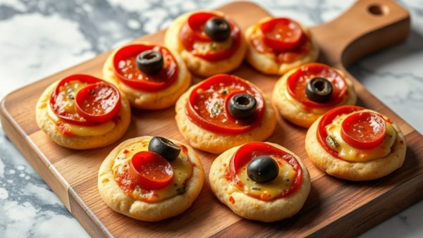 Delicious mini pizza snacks with pepperoni and olives on a wooden board.