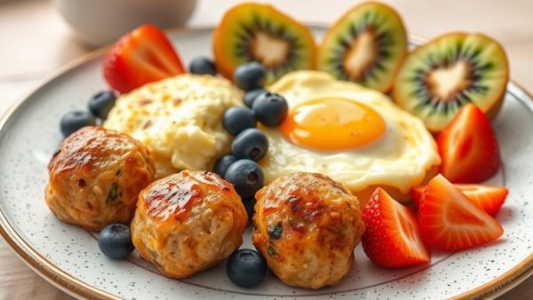Maple Apple Breakfast Chicken Meatballs with fresh fruit and scrambled eggs on a plate.