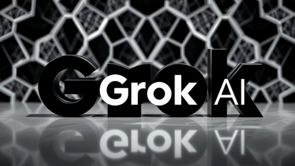 Grok AI logo in layered display with sleek design and monochromatic theme.