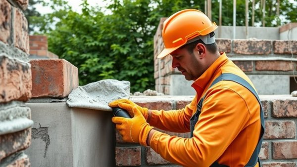 Worker waterproofing basement wall in Canada, wearing safety gear.