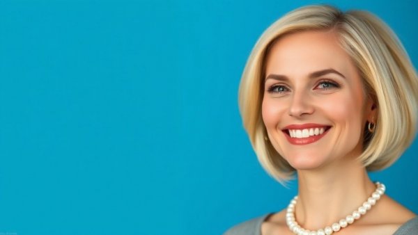 Elegant woman with short blonde hair, showcasing healthy shine in studio photo.