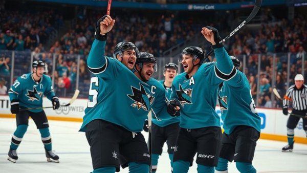 San Jose Sharks players celebrating during game recap.