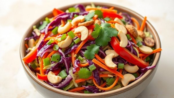 Vibrant cashew crunch shredded Brussels sprouts salad with veggies in a bowl.