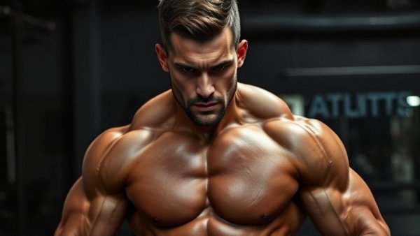 Muscular bodybuilder staying super-lean in a gym setting, showcasing impressive physique.