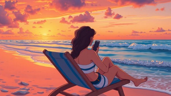 Contemplative woman on vacation, sunset beach setting.