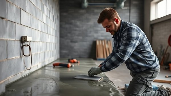 Worker waterproofing garage concrete floor, impacting blocked drains.