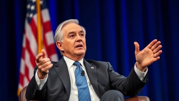 Distinguished man in suit and tie speaking on stage with flag backdrop.